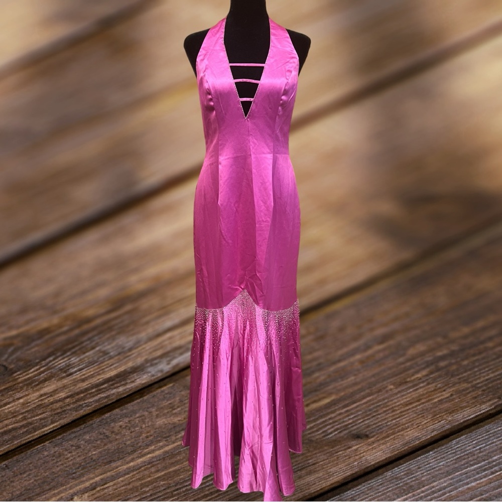Flip! Hot pink halter neck low back beaded satin dress. Perfect for prom